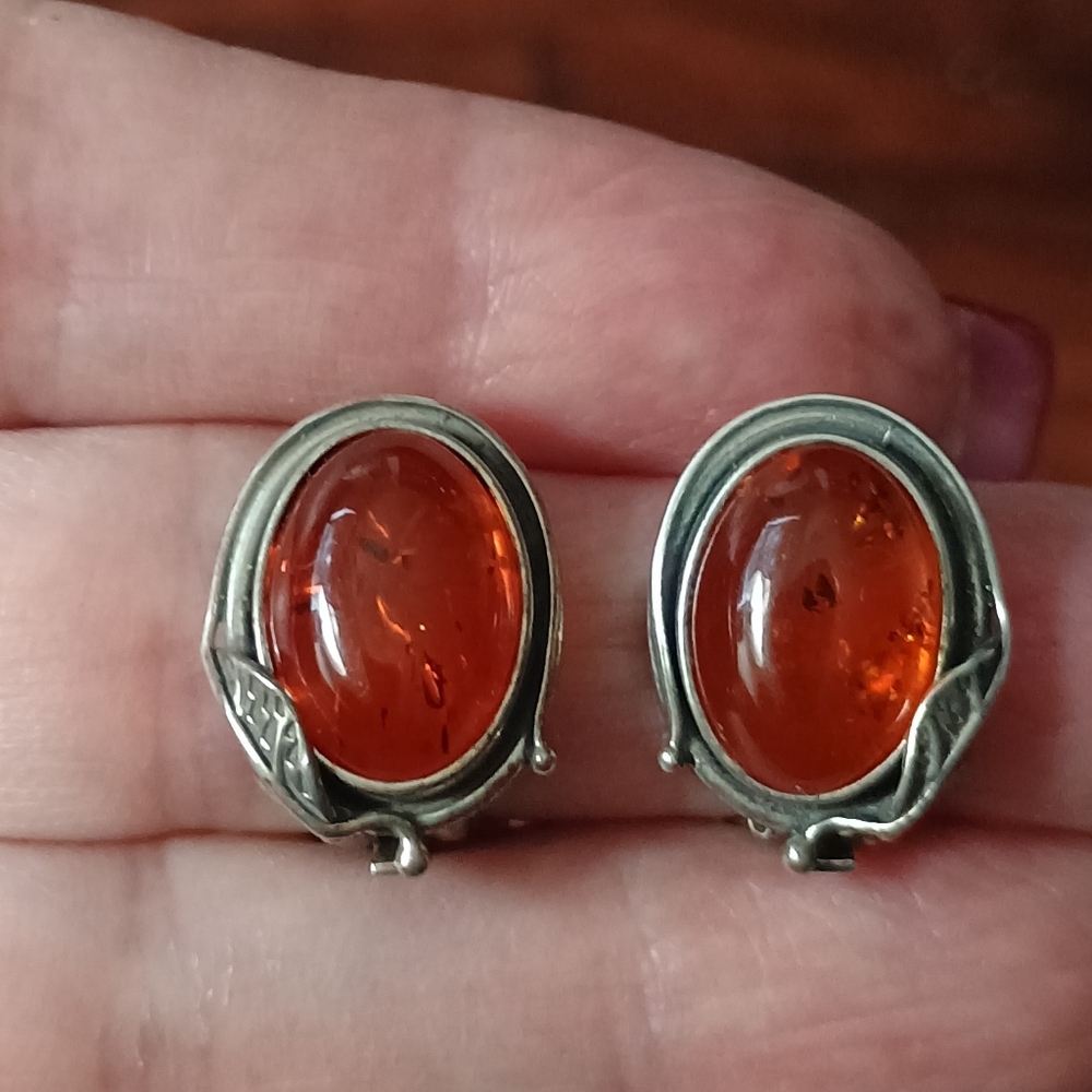 Vintage  Silver and  Baltic Amber Earrings Clip On